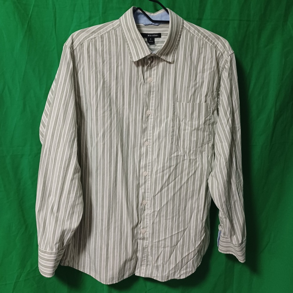 Metro Exchange Mens Medium Green White Striped 100% Cotton Button Down‎ Shirt